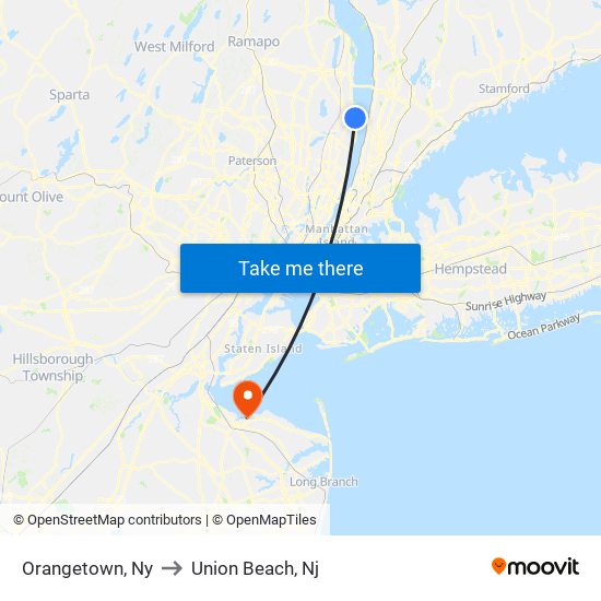 Orangetown, Ny to Union Beach, Nj map