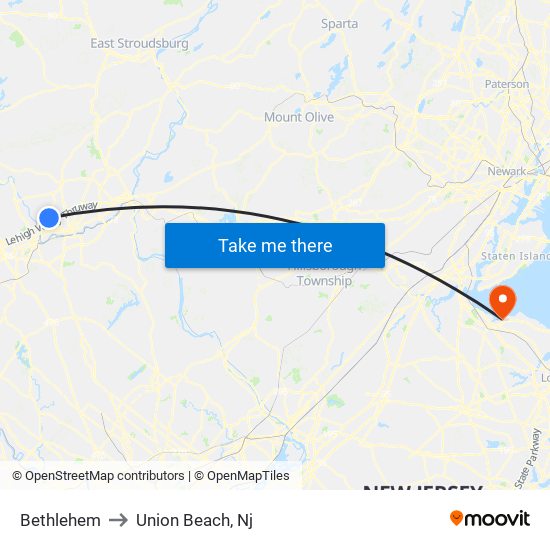 Bethlehem to Union Beach, Nj map