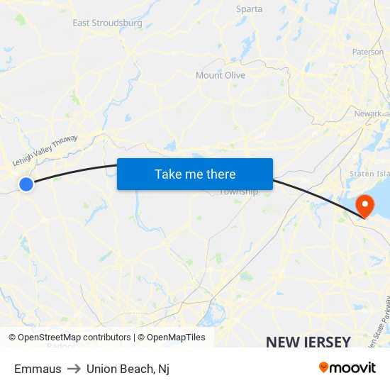 Emmaus to Union Beach, Nj map