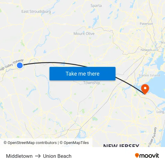 Middletown to Union Beach map