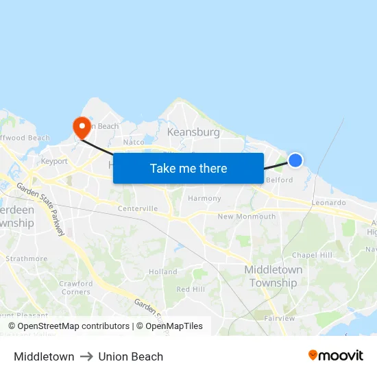 Middletown to Union Beach map