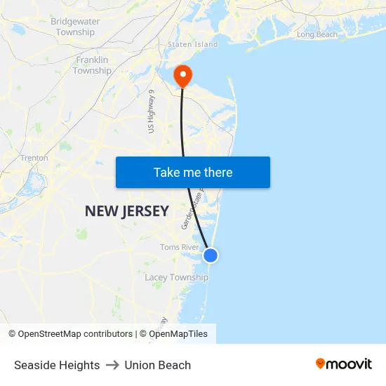 Seaside Heights to Union Beach map