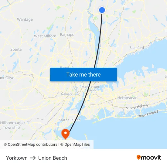 Yorktown to Union Beach map