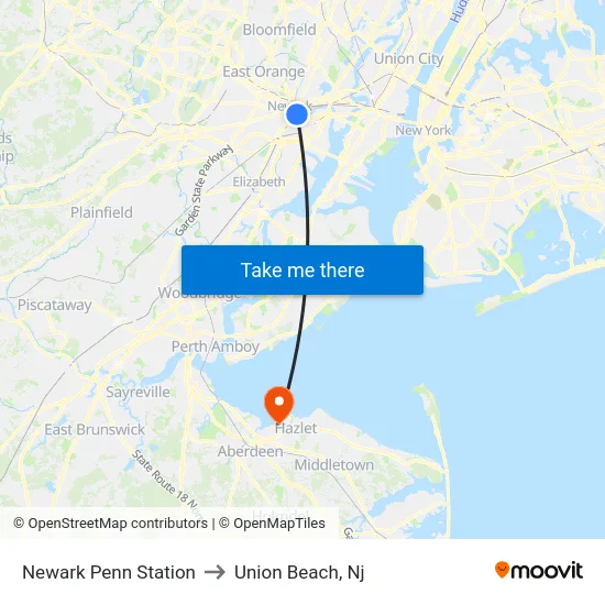 Newark Penn Station to Union Beach, Nj map