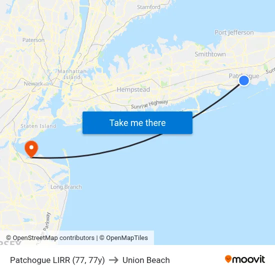 Patchogue LIRR (77, 77y) to Union Beach map