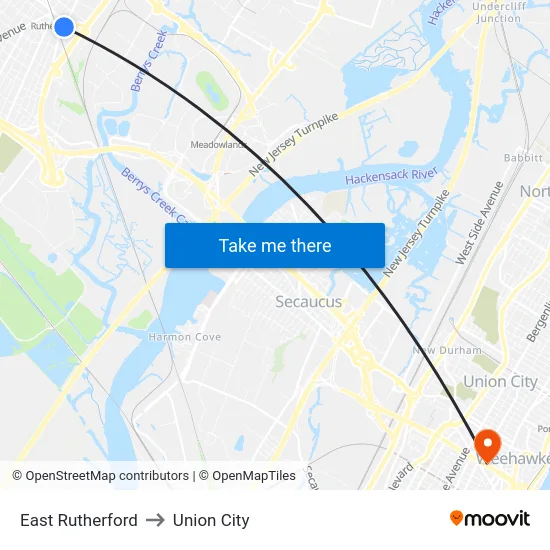 East Rutherford to Union City map