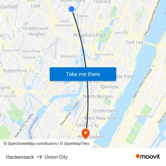 Hackensack to Union City map