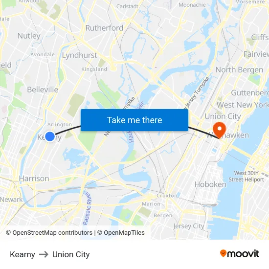Kearny to Union City map