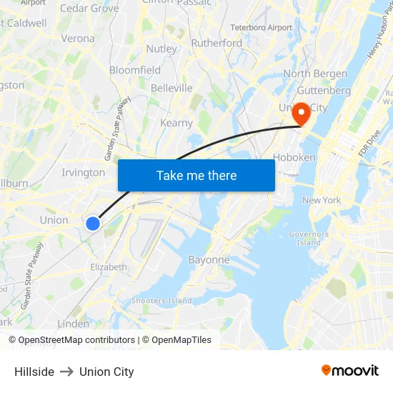 Hillside to Union City map