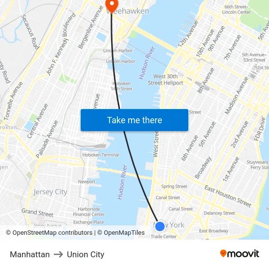 Manhattan to Union City map