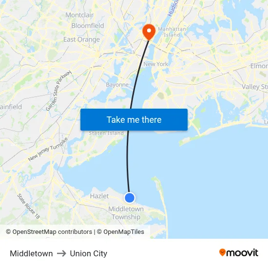 Middletown to Union City map