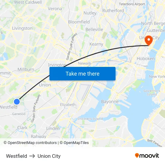 Westfield to Union City map
