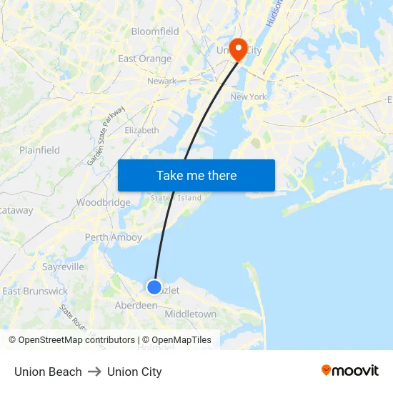 Union Beach to Union City map
