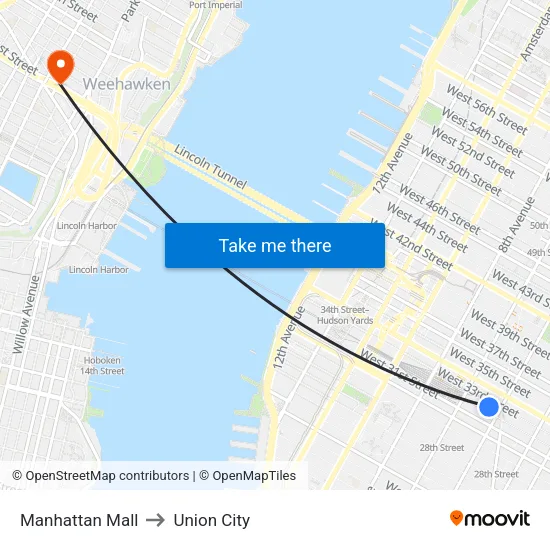 Manhattan Mall to Union City map