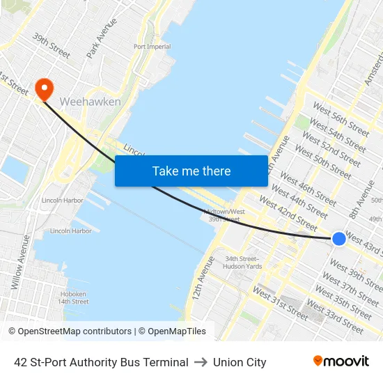 42 St-Port Authority Bus Terminal to Union City map