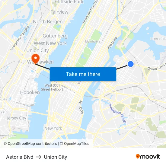 Astoria Blvd to Union City map
