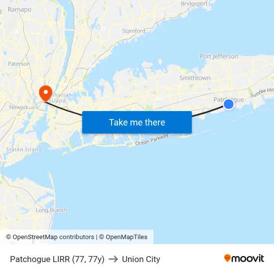 Patchogue LIRR (77, 77y) to Union City map
