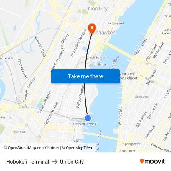 Hoboken Terminal to Union City map