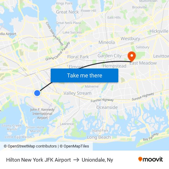 Hilton New York JFK Airport to Uniondale, Ny map