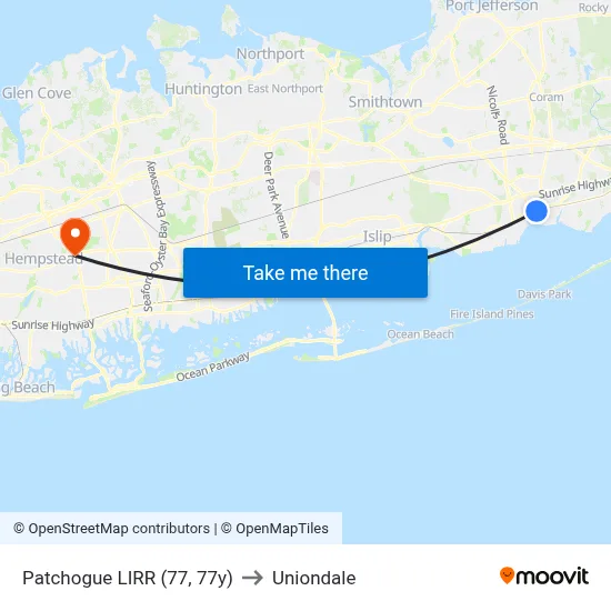 Patchogue LIRR (77, 77y) to Uniondale map
