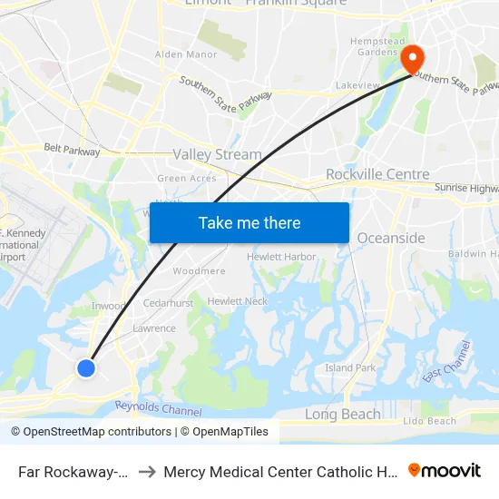 Far Rockaway-Mott Av to Mercy Medical Center Catholic Health Services map