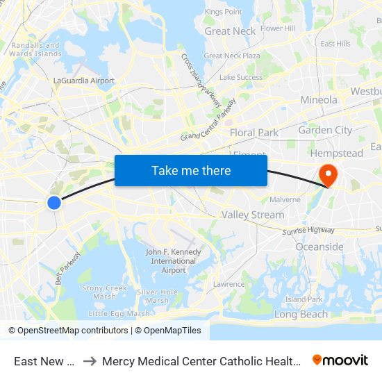 East New York to Mercy Medical Center Catholic Health Services map