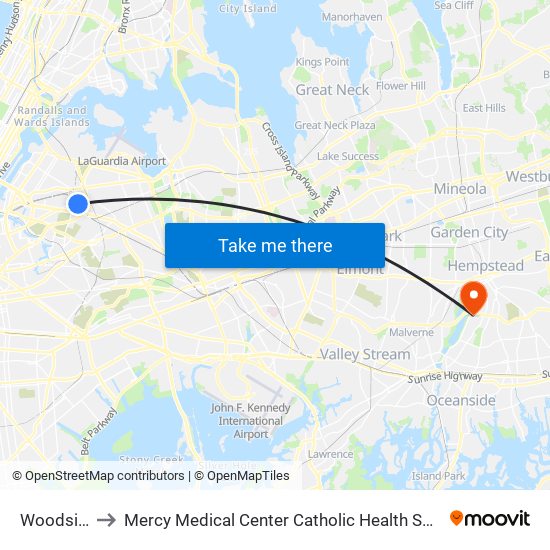 Woodside to Mercy Medical Center Catholic Health Services map