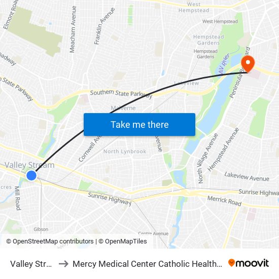 Valley Stream to Mercy Medical Center Catholic Health Services map