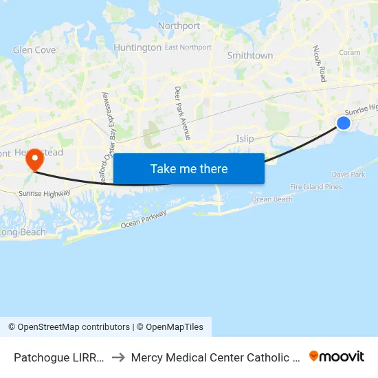 Patchogue LIRR (77, 77y) to Mercy Medical Center Catholic Health Services map
