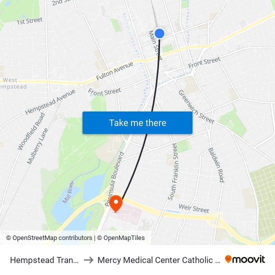 Hempstead Transit Center to Mercy Medical Center Catholic Health Services map