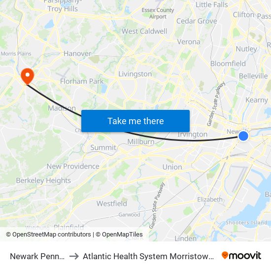 Newark Penn Station to Atlantic Health System Morristown Medical Center map