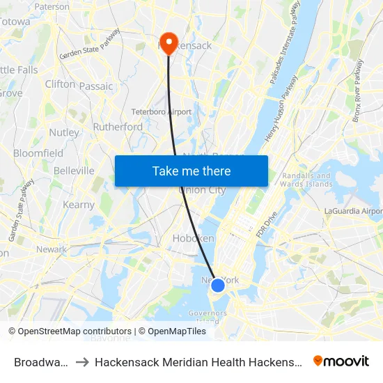 Broadway/Park Pl to Hackensack Meridian Health Hackensack University Medical Center map