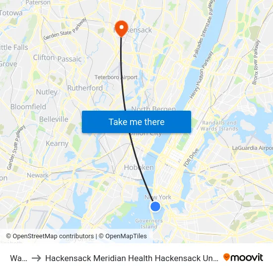 Wall St to Hackensack Meridian Health Hackensack University Medical Center map
