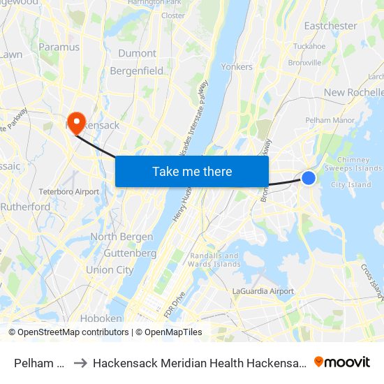 Pelham Bay Park to Hackensack Meridian Health Hackensack University Medical Center map