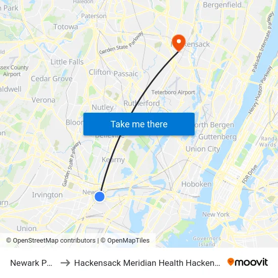 Newark Penn Station to Hackensack Meridian Health Hackensack University Medical Center map