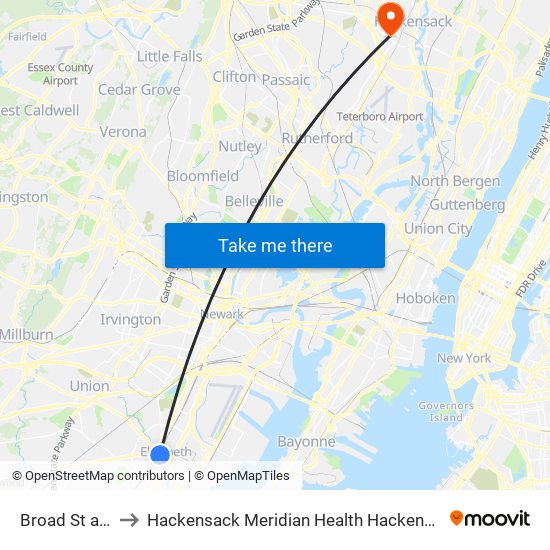 Broad St at Jersey St to Hackensack Meridian Health Hackensack University Medical Center map