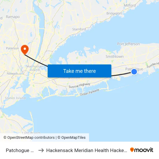 Patchogue LIRR (77, 77y) to Hackensack Meridian Health Hackensack University Medical Center map