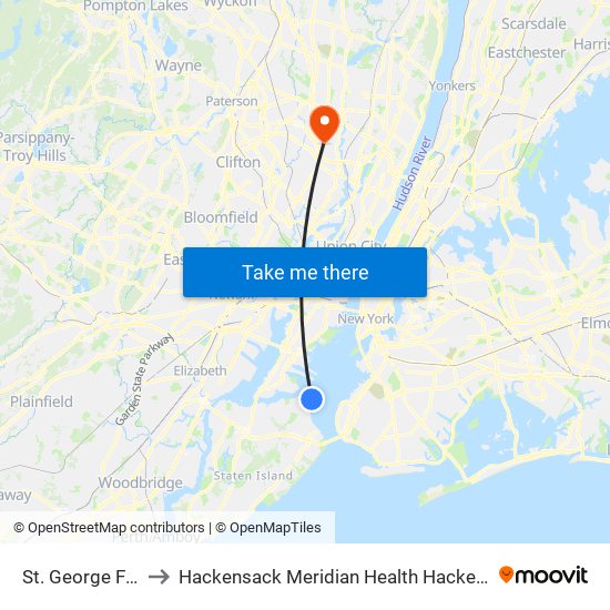 St. George Ferry Terminal to Hackensack Meridian Health Hackensack University Medical Center map