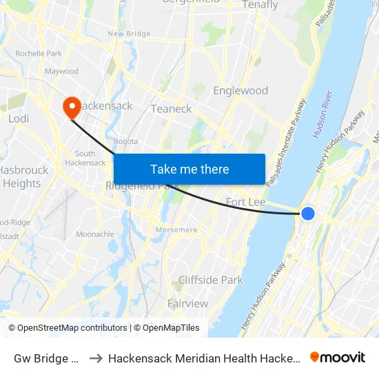 Gw Bridge Bus Terminal to Hackensack Meridian Health Hackensack University Medical Center map