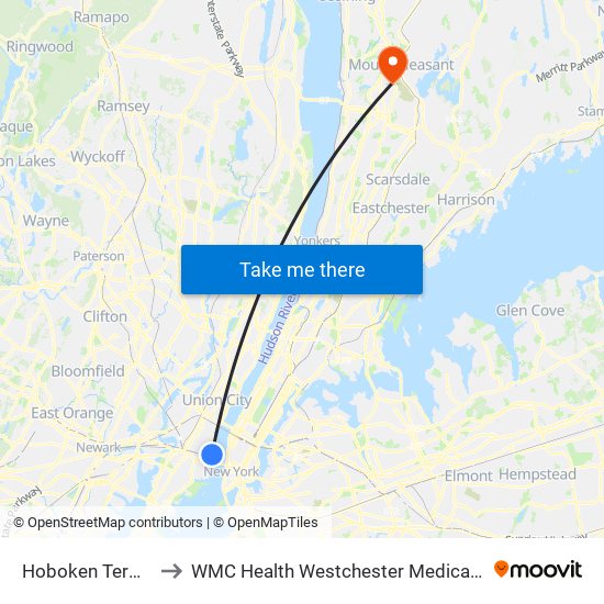 Hoboken Terminal to WMC Health Westchester Medical Center map