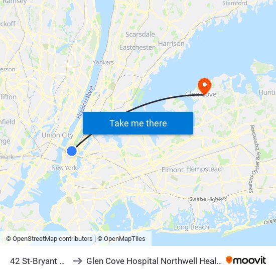 42 St-Bryant Pk to Glen Cove Hospital Northwell Health map