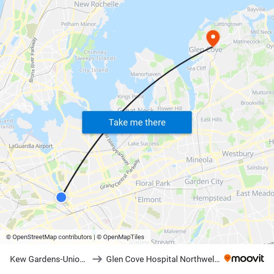 Kew Gardens-Union Tpke to Glen Cove Hospital Northwell Health map