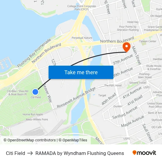 Citi Field to RAMADA by Wyndham Flushing Queens map