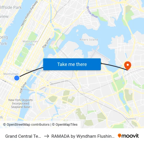Grand Central Terminal to RAMADA by Wyndham Flushing Queens map