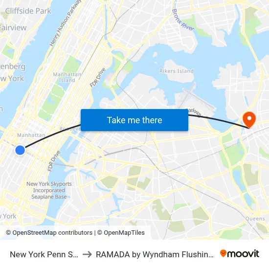 New York Penn Station to RAMADA by Wyndham Flushing Queens map