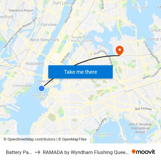 Battery Park to RAMADA by Wyndham Flushing Queens map