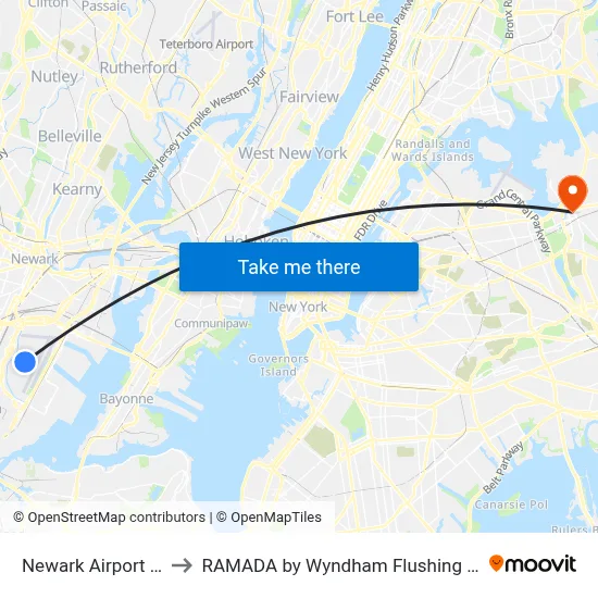 Newark Airport EWR to RAMADA by Wyndham Flushing Queens map