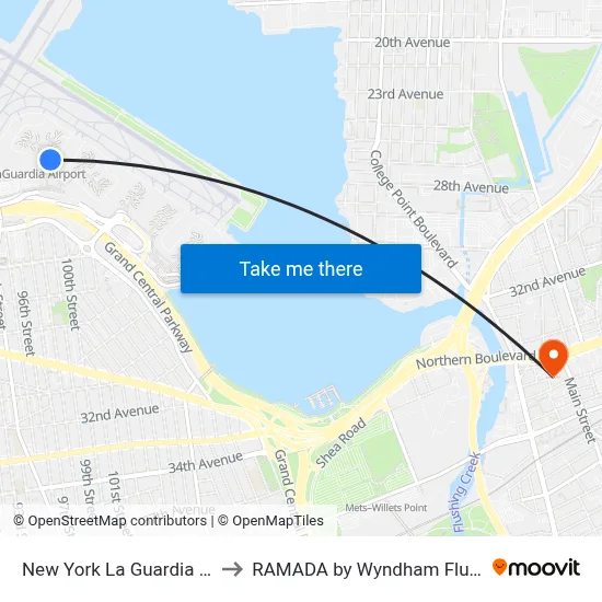 New York La Guardia Airport LGA to RAMADA by Wyndham Flushing Queens map