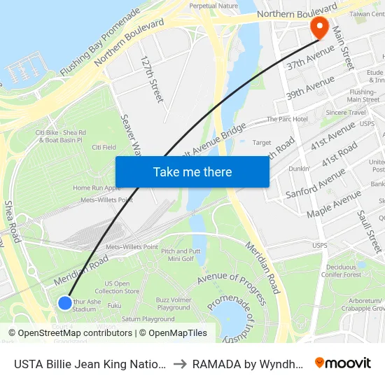 USTA Billie Jean King National Tennis Center W Gate, Meadow Corona Park to RAMADA by Wyndham Flushing Queens map