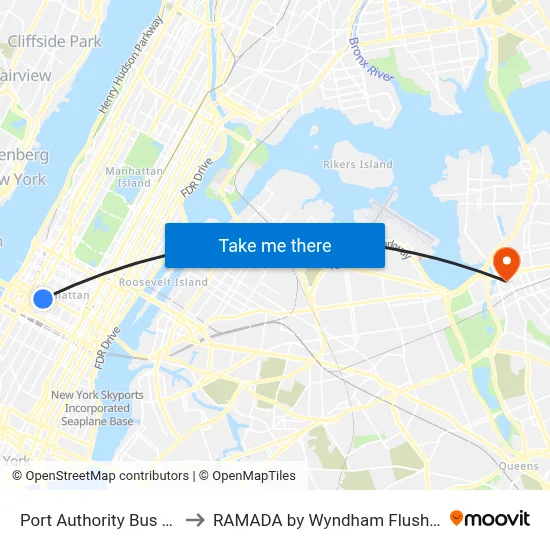 Port Authority Bus Terminal to RAMADA by Wyndham Flushing Queens map
